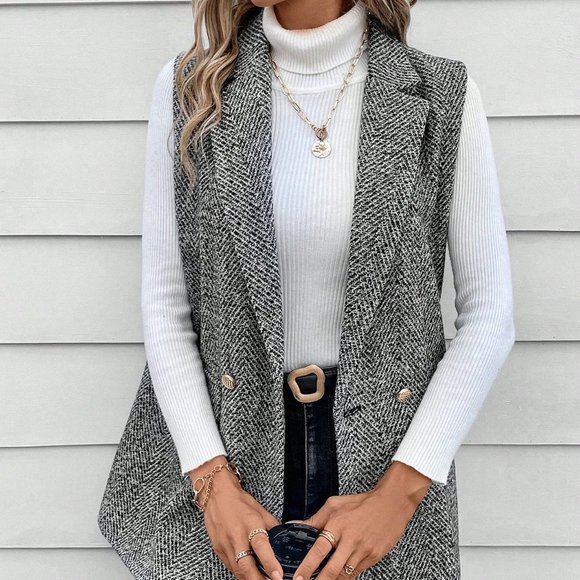 . Jackets & Blazers - Black and White Preppy Womens Herringbone Print Double Button Tweed Vest Bl…